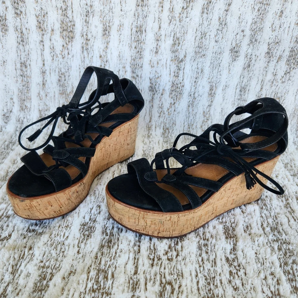 Frye "Heather Gladiator" Platform Wedge Sandal Leather Black | Women's Size 6.5 - Picture 5 of 14